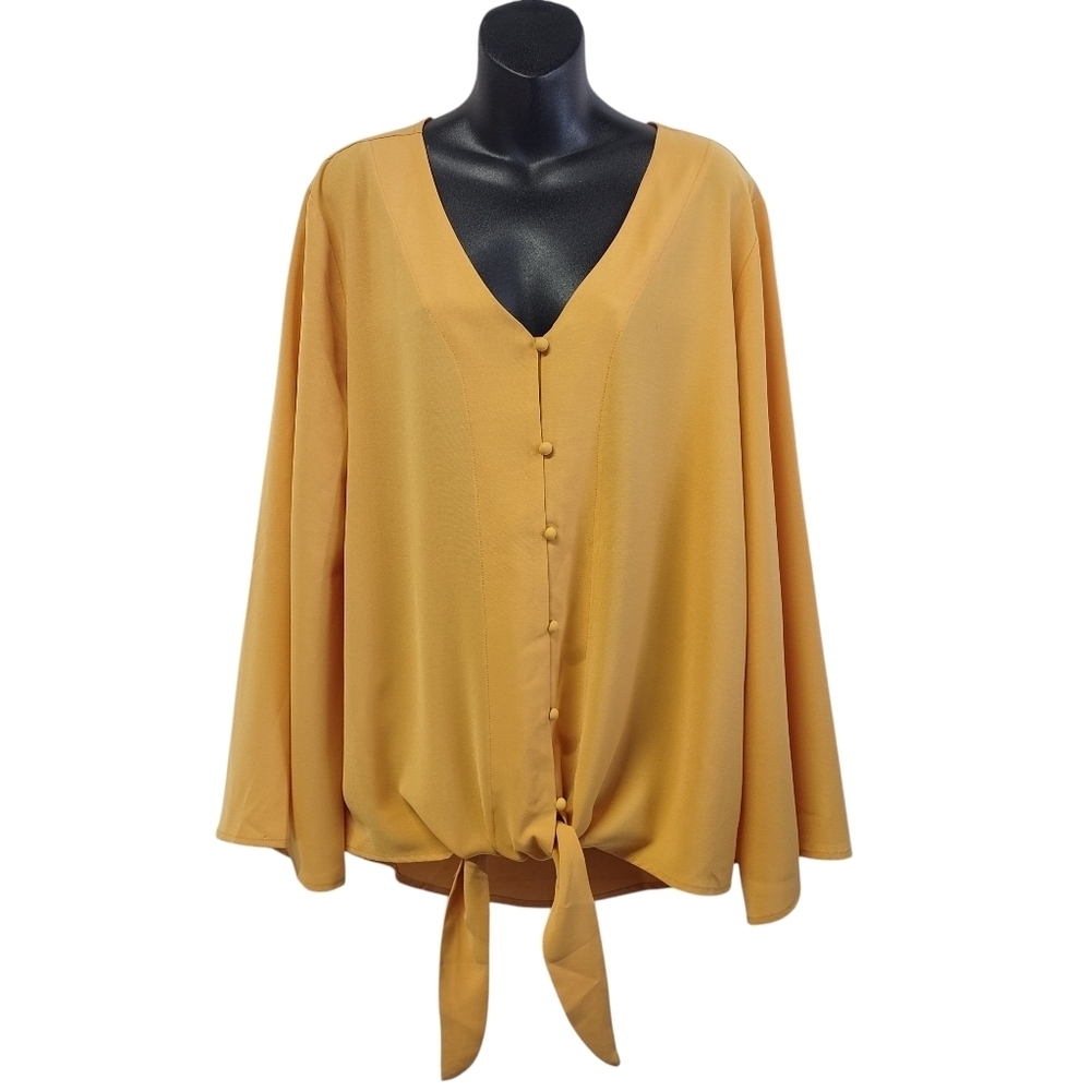Women's Yellow V-neck Wide Sleeve Tie Hem Button Top Blouse Plus size 2XL - Picture 2 of 8